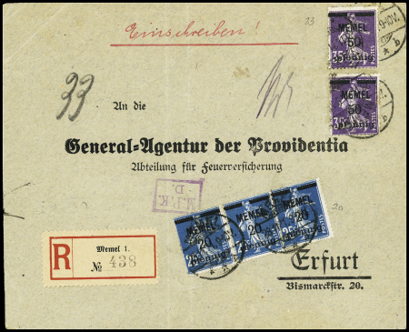Memel n°20, bande de 3 + n°23 en paire OBL CAD "Memel" (1921) sur lettre recommandée pour Erfurt. TB