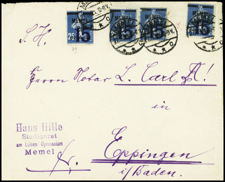 Memel n°39, 4 pièces, OBL CAD "Memel C" (1921) sur lettre pour Eppingen. TB