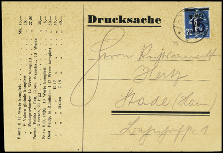 Memel n°39 OBL Memel (1921) sur carte au tarif du 1er échelon intérieur. TB