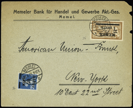 Memel n°26 + 50, Merson et Semeuse OBL Memel C (1921) sur lettre pour New-York. Bonne destination. TB