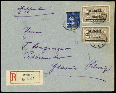 Memel n°26, 2 pièces + n°50 OBL Memel (1921) sur lettre recommandée pour la Suisse. TB