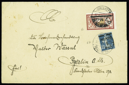 Memel n°60 + 67, Merson et Semeuse, OBL rare CAD à pont "Jonikaten Memelgebiet" (1.7.22) sur lettre pour Berlin (rare tarif interieur 3m, durée 3 mois). TB