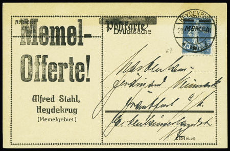 Memel n°67 OBL CAD "Heydekrug" (1922) sur carte au tarif imprimé pour Francfort. TB