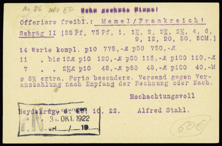 Memel n°67 OBL CAD "Heydekrug" (1922) sur carte au tarif imprimé pour Francfort. TB