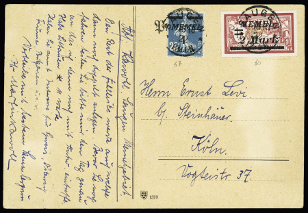 Memel n°60 + 67, Merson + Semeuse OBL Saugen (1922) sur carte postale pour Cologne au tarif intérieur du 1.10.1922. TB