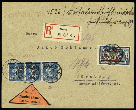 emel n°36 + 67, bande de 3, Merson + Semeuse OBL CAD "Memel C" (1922) sur lettre recommandée contre remboursement pour Nuremberg. TB