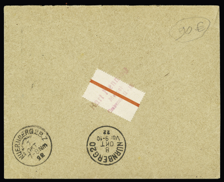 emel n°36 + 67, bande de 3, Merson + Semeuse OBL CAD "Memel C" (1922) sur lettre recommandée contre remboursement pour Nuremberg. TB
