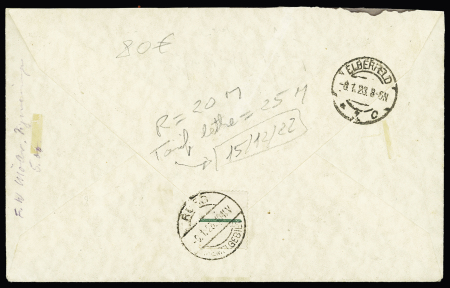 Memel n°64 en paire + 67 + 80 + 87 OBL CAD "Russ Memelgebiet" (1923) sur lettre recommandée pour Elberfeld. TB