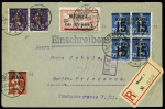 Memel n°34 + 39 en bloc de 4 + 40 en paire + 46 OBL CAD à pont "Memel B" (1921) sur lettre recommandée. TB