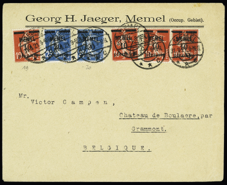 Memel n°19, 4 pièces + 20, 2 pièces, OBL CAD "Memel C" (1921) sur lettre pour Grammont (Belgique), bel affranchissement. TB