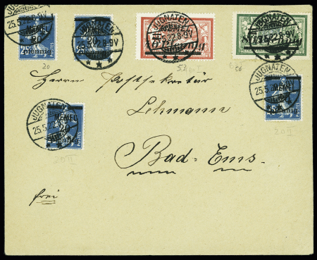Memel n°20, 4 pièces + 53 + 56 OBL CAD à pont "Jugnaten" (1922), Merson + Semeuse, sur lettre pour Bad-Ems. TB