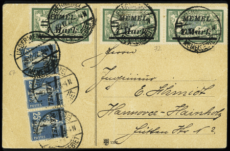 Memel n°67 en bande de 3 + Memel n°72, 3 pièces, OBL CAD à pont "Uebermemel Memelgebiet" (1922) sur carte postale pour Hanovre. TB
