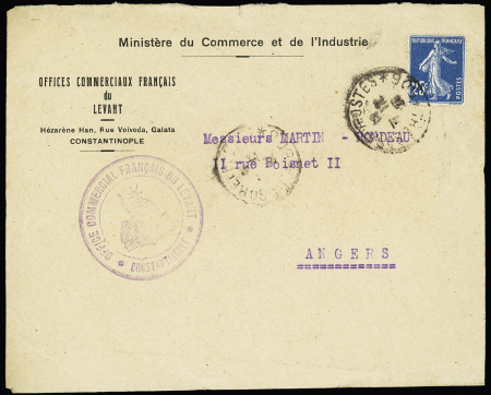N°140 OBL CAD "tresor et postes 506" (1920 - Constantinople) sur lettre avec en-tête "Office commercial français du Levant - Constantinople" + cachet violet avec déesse assise. TB