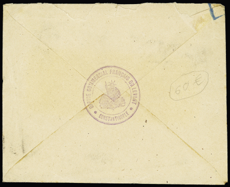 N°140 OBL CAD "tresor et postes 506" (1920 - Constantinople) sur lettre avec en-tête "Office commercial français du Levant - Constantinople" + cachet violet avec déesse assise. TB