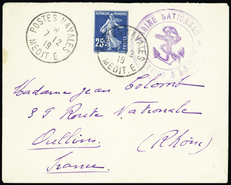 N°140 OBL CAD "Postes navales Medit. E" (7.12.19) répété à côté sur lettre (Bureau naval secondaire de Beyrouth), jolie pièce RR