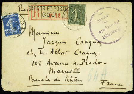 N°130 + 140 OBL CAD "Tresor et postes 600" (1919 - Beyrouth) sur lettre recommandée avec cachet violet "Haut commissariat français en Syrie". TB