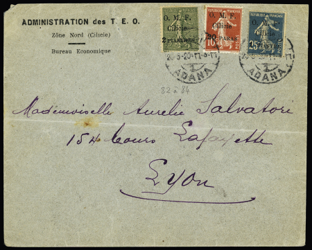 Cilicie n°82 à 84 OBL CAD "Adana 1" (1920) sur lettre à en-tête "administration des T.E.O Zone nord (Cilicie) Bureau Economique" sur lettre pour Lyon. TB
