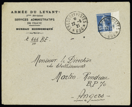 N°140 OBL CAD "tresor et postes 606" (1921 - Mersina) sur lettre à en-tête "Armée du Levant 1ère division services administratifs de Cilicie - bureau économique". TB