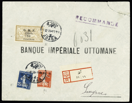 Cilicie n°82 + 83 + 86 OBL Adana 2 (1920) sur lettre recommandée pour Smyrne. TB
