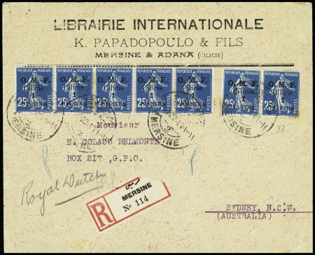 Cilicie n°83, paire + bande de 5 OBL Mersine 2 (1920) sur lettre recommandée, destination RR