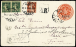 Cilicie n°81 en paire + 82 OBL "Adana 2" (1920) sur env. entier postal ottomanes 20 paras rouge surchargé "Cilicie" en recommandé avec AR pour la France avec au verso Cilicie n°73 + 82, 2 paires + 83 en paire + cache