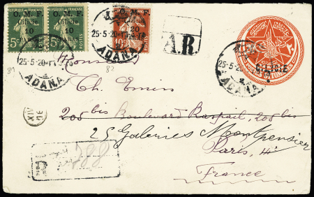 Cilicie n°81 en paire + 82 OBL "Adana 2" (1920) sur env. entier postal ottomanes 20 paras rouge surchargé "Cilicie" en recommandé avec AR pour la France avec au verso Cilicie n°73 + 82, 2 paires + 83 en paire + cache