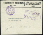 Lettre d'Adana avec au recto cachet violet avec ancre "Marine nationale base navale  de Mersina" + très rare cachet rect violet "Contrôles interalliés en Turquie cabotage" annulant Cilicie n°82 en paire + 83 en bloc