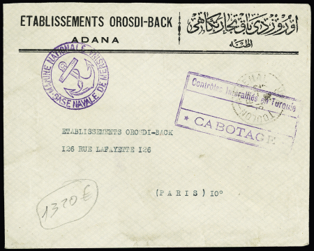 Lettre d'Adana avec au recto cachet violet avec ancre "Marine nationale base navale  de Mersina" + très rare cachet rect violet "Contrôles interalliés en Turquie cabotage" annulant Cilicie n°82 en paire + 83 en bloc