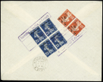 Lettre d'Adana avec au recto cachet violet avec ancre "Marine nationale base navale  de Mersina" + très rare cachet rect violet "Contrôles interalliés en Turquie cabotage" annulant Cilicie n°82 en paire + 83 en bloc