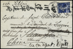 N°140 OBL Nimes (1909) sur lettre pour le commandant du navire de guerre Doudart de Lagrée à Shangaï avec diverses réexpédition. TB