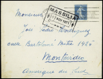 N°140 OBL mec "Montevideo C" sur lettre pour Montevideo avec cachet rect. noir de paquebot "Massilia 17 nov 1921". TB