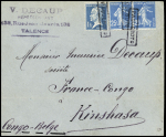 N°140 en paire + n°179, 1F Pasteur, OBL griffe encadrée "Paquebots" de Matadi (1926) sur lettre pour Kinshasa. TB