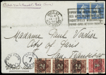 N°140, 2 pièces, OBL Paris 47 (1925) sur lettre pour San Francisco avec USA timbres-taxe préoblitérés n°37 + 38 en bande de 3. TB