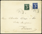 N°137 + 140 OBL CAD hexagonal (partiel) "Paris 83 R. bleue" (1911) sur lettre pour Frome (GB). B