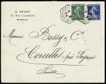 N°137 + 138 OBL CAD hex à cercle intérieur de levée exceptionnelle "Marseille Bouches du Rhone" (1909) sur lettre pour Corcelles (Suisse). TB