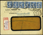 N°140, 6 pièces, OBL hexagonale d'agence à gérance gratuite "Strasbourg Banque du Rhin" (1924) sur env. recommandée à fenêtre pour Bury (GB). TB