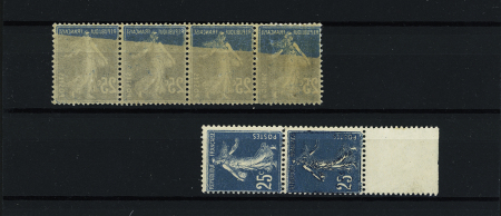 N°140 bande de 4 neuve avec impression recto-verso partielle + n°140, paire BDF dont 1 exemplaire avec impression très empâtée + 2 entiers cartes-lettres 25c semeuse bleu surchargée specimen - 2 entiers env. 25c bl