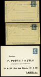N°140 bande de 4 neuve avec impression recto-verso partielle + n°140, paire BDF dont 1 exemplaire avec impression très empâtée + 2 entiers cartes-lettres 25c semeuse bleu surchargée specimen - 2 entiers env. 25c bl