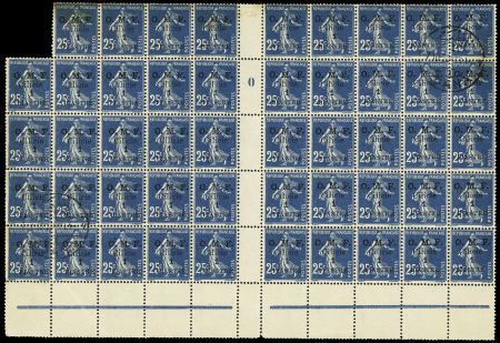 Cilicie n°92 type 2, 1 piastre sur 25c bleu, bloc de 49 interpanneau millésime 0 (8 timbres sont oblitérés Adana, les autres sont neufs. TB