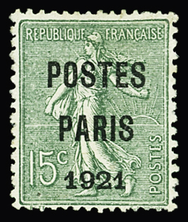 N°28 15c vert-olive POSTES PARIS 1921, nsg, TB. Signé