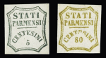 N°12 5c vert-jaune et n°16 80 c. bistre, neufs, reproduction