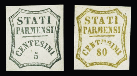 N°12 5c vert-jaune et n°16 80 c. bistre, neufs, reproduction
