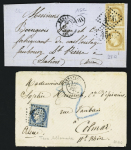 Besançon - 10 plis dont AFF composé Cérès + Sage OBL T18 et n°60 OBL GC 456 + T17 (1872) sur lettre pour Colmar avec taxe allemande 2 au crayon bleu. TB