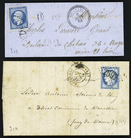 2 lettres : n°22 (def) et 60 OBL GC 2597 + T22 et T17 de Bouclans (1864 et 1874) + BR "D" et "OR". TB