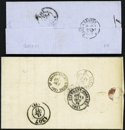 2 lettres N°22 (def) et 60 OBL GC 2597 + T22 et T17 de Bouclans (1864 et 1874) + BR "D" et "OR". TB