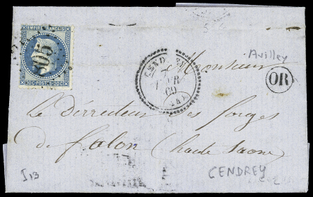 Cendrey - N°29 OBL GC 405 + T22 Cendrey (1869) + "OR"