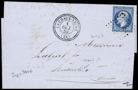 N°14 OBL PC 4127, +T22 "La Chaux-Neuve" (1859) sur lettre, ind 18. TB
