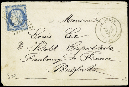 Delle - N°60 OBL GC 1287 + T17 Delle (1875) sur lettre.