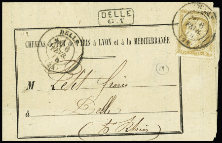 N°55 OBL T17 Delle (1875) répété à côté sur formulaire PLM avec griffe noire encadrée "Delle GV", ind 19. RR et TB
