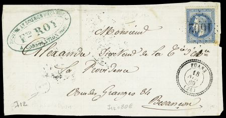 N°29 OBL GC 1602 + T22 Fuans (1869) sur devant de lettre.